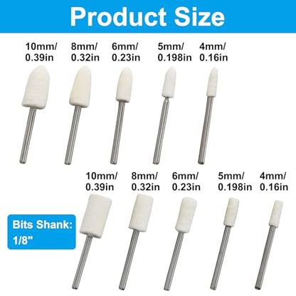 100 Pcs Bullet Shape Wool Felt Polishing Bits, 1/8'' Shank Cone and Cylinder Shape Wool Polishing Points for Rotary Tool (4mm,5mm,6mm,8mm,10mm)
