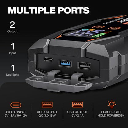 A2C T18 1500A Portable Car Jump Starter, 12V Auto Battery Booster | Fits 6.0L gas / 3.0L diesel, 12000mAh power bank, QC3.0 fast charging, NTC smart safety clamps, LED flashlight, with EVA case