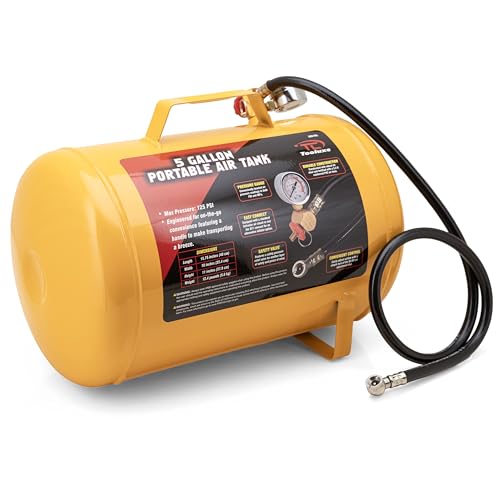 TOOLUXE 30010L 5 Gallon Air Tank, Portable Air Tank, 125 PSI Maximum Pressure, Horizontal Air Compressor Tank, 1/4" NPT 40 Inch Industrial Hose & Chuck, 140 PSI Safety Valve - size: Portable Air Tank