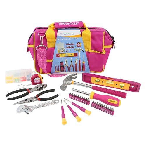Pink Tool Set 32 Piece, Mini Tool Kit, Home Repair Tool Set with Hammer, Pliers, Adjustable Wrench, Screwdrivers, Tape Measure, Level, and Bits, Dorm Room Essentials for Girls