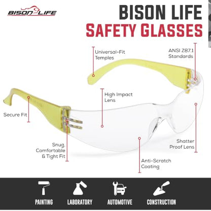 BISON LIFE Clear Safety Glasses – ANSI Z87.1 Certified Scratch & Impact Resistant Eye Protection Goggles for Men & Women - color: Clear/Yellow