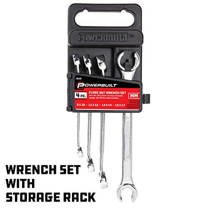 Powerbuilt 4 Piece Metric Flare Nut Wrench Set, Size Includes 9mm x10mm 11mm x 12mm 13mm x 14mm 15mm x 17mm Flare Nut Wrench, Chrome-Vanadium made - 640186 - size: 4pc Metric, style: Flare Nut