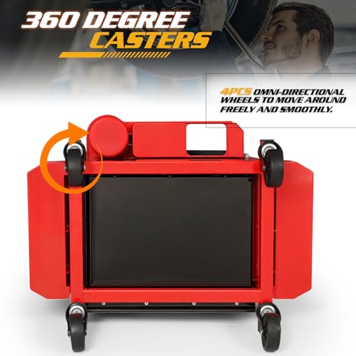 Magshion Rolling Garage Stool with Built-in Toolbox & Holder – 350 Lbs Capacity Padded Mechanic Seat with Wheels for Workshop, Auto Repair & Shop Use (Red)