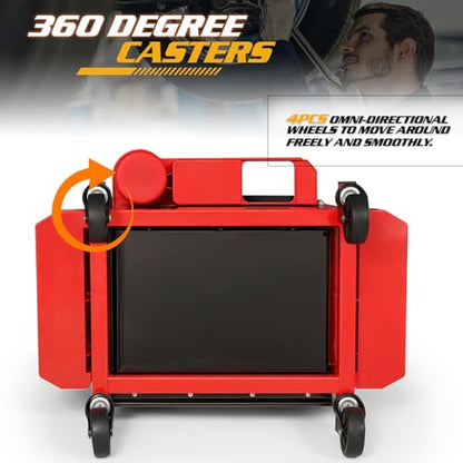 Magshion Rolling Garage Stool with Built-in Toolbox & Holder – 350 Lbs Capacity Padded Mechanic Seat with Wheels for Workshop, Auto Repair & Shop Use (Red)