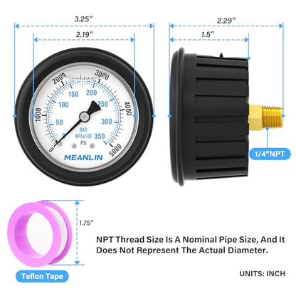 MEANLIN MEASURE 0~5000Psi Stainless Steel Liquid Filled Pressure Gauge 1/4" NPT 2.5" FACE DIAL with Rubber Protective Sleeve, Center Back Mount - size: 0-5000Psi
