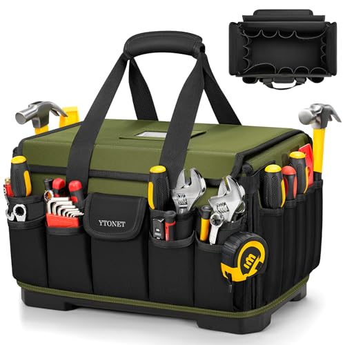 Heavy Duty Tool Bag 18-Inch, Extra Large 46 Pockets Electrician Tool Bag for men with Hard Bottom & Waterproof Pocket, 1680D Tear-Proof Toolbox Organizer for HVAC Mechanic, Father Dad Birthday Gift - color: Green, size: 18 Inch