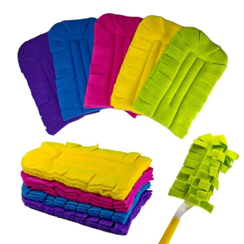 5 PCS Reusable Fleece Duster Refills with 1 Handle, Washable Heavy Duty Duster Pads, 360° Electrostatic Cleaning Pads for Fan, Blinds, Furniture, Window, Floor, Car and Pet Hair (5)