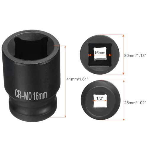HARFINGTON 4 Point Square Socket 1/2" Drive 16mm Metric Square Impact Socket CR-MO Blackening Standard Wheel Sockets Pneumatic Socket Tool for Auto Repair Mechanical Maintenance Home Use - size: 16mm