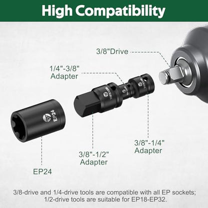 22-Piece External Torx Plus Socket Set, 6-Point EP4-EP32 with Specialty EP8.8 for Tesla EV Battery Removal, 1/4" 3/8" 1/2" Drive E-Torx Plus Sockets for Automotive & Engine Repair, Cr-V Steel