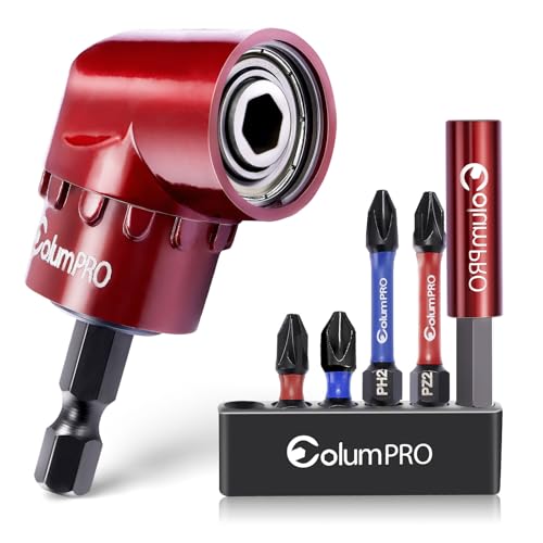 105 Degree Right Angle Drill Screwdriver Bit Set, 1/4” Hex Shank Right Angle Drill Attachment with 4PCS PZ2 & PH2 Screwdriver bits and bit holder