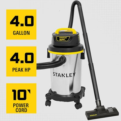 STANLEY 4 Gallon Shop Vacuum Wet and Dry, 4 Peak HP Stainless Steel | Compact Shop Vac, Portable Wet Dry Vacuum Cleaner, for Garage, Workshop, Basement, Car Detailing, Outdoor