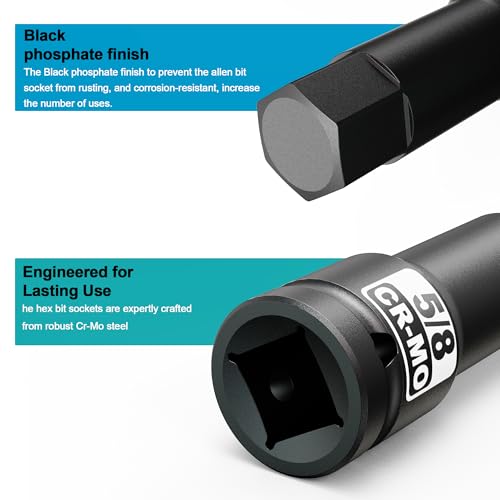 1/2" Drive H5/8-Inch Impact Hex Bit Socket, SAE Allen Bit Socket, Cr-Mo Steel, Removing Loosening Hexagon Bolts - size: 1/2" H5/8 Deep