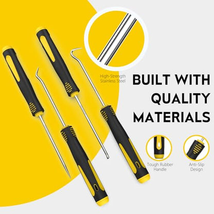Precision Hook and Pick Set, 4-Piece Automotive O Ring Pick Set, Mechanic Pick Tools with Ergonomic Handle, Knurled Shaft for Automotive, Electronics, Gunsmith Tools