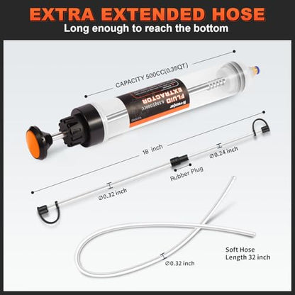 H-veenjor 500 CC Oil Change Syringe with Extra 32" Soft Hose & Two 9" Tubes | H-veenjor Automotive Fluid Extractor Pump,Manual Extraction and Fill Pump, Fluid Oil Change Evacuator with Powerful Suction - size: 500 CC