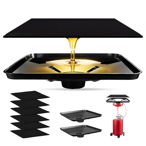 17892 2Pcs Transmission Drain Pan with 6Pcs 22'' Oil Drain Splash Pad, Universal Fluid Drain Funnel Compatible with 87031, 87032 Large Capacity for Oil, Coolant & Transmission Fluid Changes - size: 2PCS