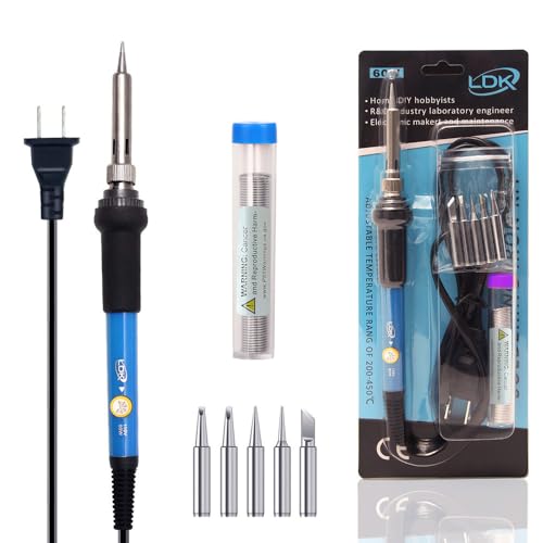 LDK Soldering Iron Kit Electric 60W 110V Adjustable Temperature Soldering Gun Welding Tools, 5pcs Replacement Tips and Solder Wire (Basic) - color: 60w Basic