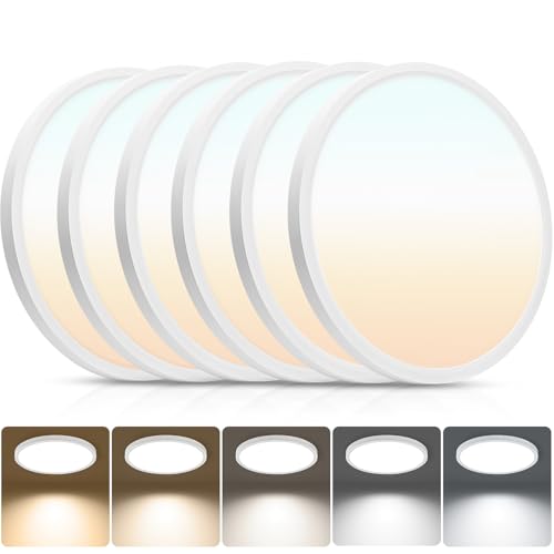 6-Pack 12 Inch Low Profile LED Ceiling Lights, 24W 2640LM Non-dimmable, 5CCT Selectable (2700K-6500K), Flicker-Free Flush Mount Fixture for Bedroom Kitchen Hallway Laundry, White - color: White, size: 12 Inch