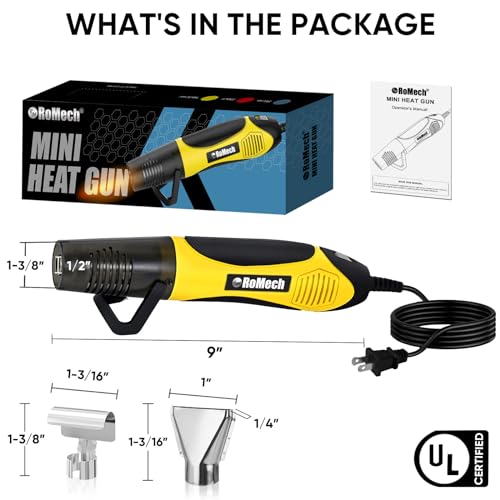 ROMECH 350W Heat Gun with 2 Nozzles, Dual Temp Heat Gun 400°F-660°F, Fast Heat Hot Air Gun with Overload Protection for DIY Craft Embossing Shrink Wrapping (Yellow) - color: Yellow