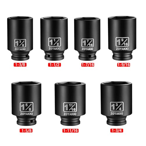 1/2" Drive Deep 6-Point Impact Socket Set,7 PCS Standard SAE (1-3/4 to 1-3/8inch) Spindle Axle Nut Impact Socket Set,Cr-Mo Alloy Steel for Auto Repair, Storage Case - size: 1/2" SAE 7PC Set