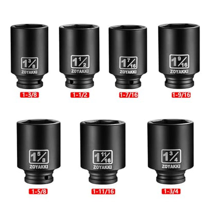 1/2" Drive Deep 6-Point Impact Socket Set,7 PCS Standard SAE (1-3/4 to 1-3/8inch) Spindle Axle Nut Impact Socket Set,Cr-Mo Alloy Steel for Auto Repair, Storage Case - size: 1/2" SAE 7PC Set