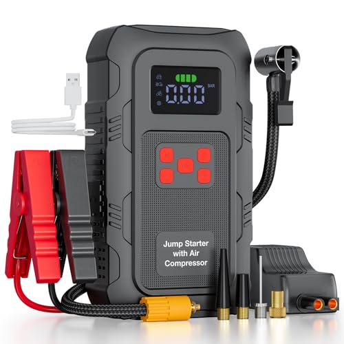 6000A Jump Starter with Air Compressor, Portable Car Battery Jump Starter with 150 PSI Tire Inflator for Up to 10.0L Gas and 8.0L Diesel Engines, 12V Jump Box with LCD Display - color: Black