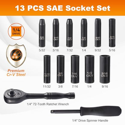 Reniteco 13-Piece 1/4" Drive Socket Set, SAE (3/16"- 11/32"), Deep Sockets, 72-Tooth Ratchet Wrench, Drive Spinner Handle, 6 Point Design, Cr-V - size: 1/4" 13 PCS SAE