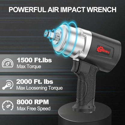 Trivd Frol Air Impact Wrench 1/2" - 1/2 Inch Impact Gun 1/2 Drive, 1500Ft-lbs, 8000RPM High Torque Impact Wrench, Weight 4.74 lb, 1/2 Air Impact Gun for Auto Repair, Tire Shop - style: 1/2 inch Air impact wrench