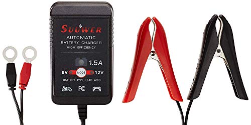 Suuwer 1.5A 8V/12V Fully-Automatic Smart Battery Charger - Trickle Charger & Maintainer for Golf Cart, Motorcycle, Car, Lawn Mower