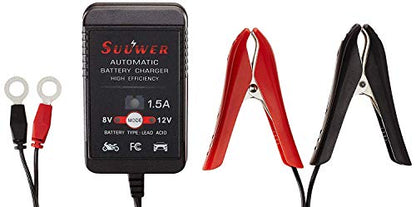Suuwer 1.5A 8V/12V Fully-Automatic Smart Battery Charger - Trickle Charger & Maintainer for Golf Cart, Motorcycle, Car, Lawn Mower