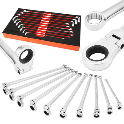 PRIDE&CRAFT 10-Piece Extra Long Ratcheting Wrench Set - Metric Flex Head Double Box End (8-19mm) 2X Longer Wrenches, Chrome Vanadium Steel with 90-Tooth Ratchet for Automotive Repair - size: 10-Piece