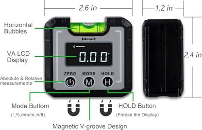 Digital Angle Finder Magnetic & Level Bubble Vial 4 X 90°Angle Gauge Inclinometer, Mini Level Bevel Gauge Protractor for Woodworking, Building, Table Saw, Vertical Wall (white) - color: White