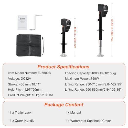 VEVOR Electric Trailer Jack, Power Tongue Jack Weight Capacity 4000 lbs, 9.84"-33.85" Electric Tongue Jack with Waterproof Cover for Lifting RV Trailer, Horse Trailer, Utility Trailer, Yacht Trailer | Electric Tongue Jack with Waterproof Cover for Lifting