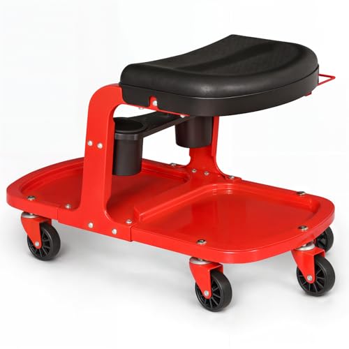 Magshion Garage Shop Roller Seat with Built-in Tool Holder & Tray – Heavy-Duty 350 Lbs Capacity Mechanics Rolling Stool with Wheels for Workshop & Auto Repair (Red) - color: Red, size: 26.5"x17.5"