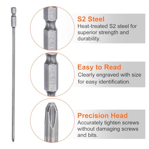 HARFINGTON 5pcs #2 Phillips Screwdriver Bit PH2 1/4" Hex Shank 8" (200mm) Long Magnetic S2 Steel Industrial Grade Screw Driver Bit Cross Head Electric Drill Bits 0.157" (4mm) Rod - size: PH2 x 200mm x 4mm