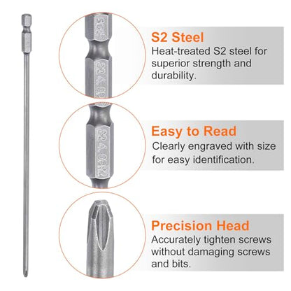 HARFINGTON 5pcs #2 Phillips Screwdriver Bit PH2 1/4" Hex Shank 8" (200mm) Long Magnetic S2 Steel Industrial Grade Screw Driver Bit Cross Head Electric Drill Bits 0.157" (4mm) Rod - size: PH2 x 200mm x 4mm