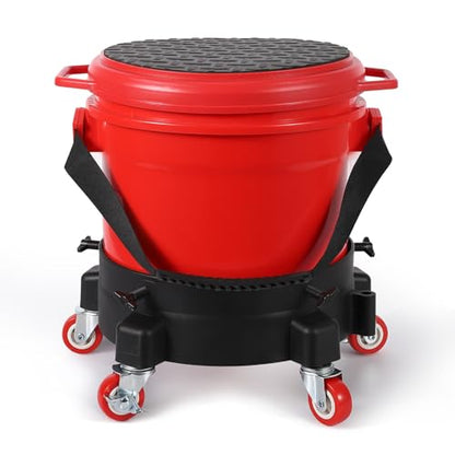 5 Gallon Car Wash Bucket Kit, 300LB Capacity Washing System with 5-Wheel Rolling Dolly, 15.5L Bucket, Grit Trap & Lid, Mobile Detailing Station for Car Wash (Red/Black)