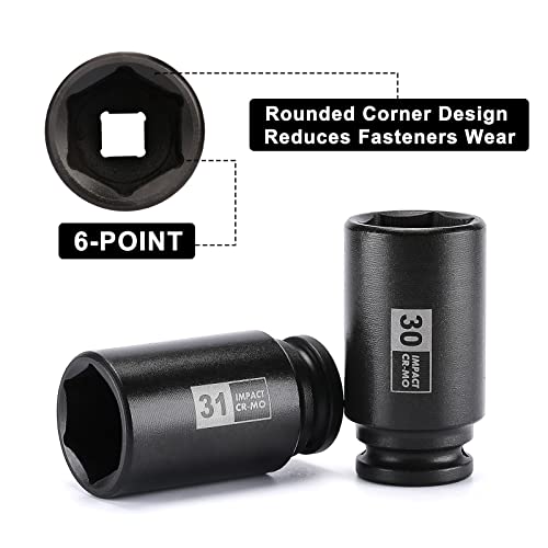 Mayouko 9PCS 1/2 Inch Drive Deep Impact Socket Set, 29-38MM, Spindle Axle Nut Sockets, Metric, Deep, 6-Point, CR-MO - size: 1.142" - 1.496" (9 Pieces)