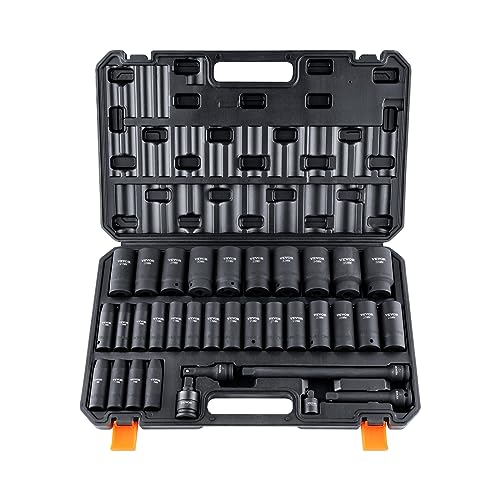VEVOR 1/2" Drive Impact Socket Set, 34 Piece Socket Set Metric 8-36mm, 6 Point Cr-MO Alloy Steel for Auto Repair, Easy-to-Read Size Markings, Rugged Construction, Includes Storage Case - style: 1/2" 34PCS CR-MO