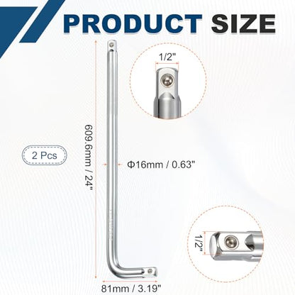 HARFINGTON 2 Pcs Socket Breaker Bar 1/2" Drive 24" Long 50BV30 Alloy Steel L-Shape Extension Bar Axle Nut Socket Wrench Hand Tool for Car Mechanical Equipment Repair, Silver - size: 1/2"x24"