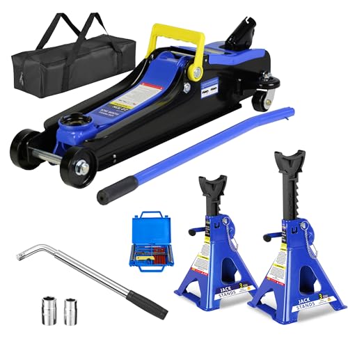 2 Ton Trolley Floor Jack with 3T Jack Stands Tire Repair Kit L-Wrench for Garages, Automotive,Repair Shops, Portable, Lifting Range 3.3" - 15.2",Heavy Duty Steel, Blue - color: Floor Jack+Jack Stands +Tire Repair Kit+Wrench, size: 2 Ton