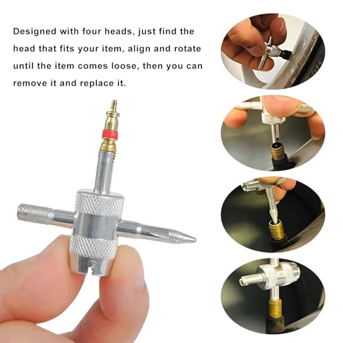 4-Way Valve Core Tool, 4-in-1 Valve Stem Removal Tool Car Tire Repair Wrench, Multifunctional 4 Way Tyre Valves Stem Remover/Installer for Sedans Bicycles Motorcycles