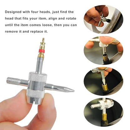 4-Way Valve Core Tool, 4-in-1 Valve Stem Removal Tool Car Tire Repair Wrench, Multifunctional 4 Way Tyre Valves Stem Remover/Installer for Sedans Bicycles Motorcycles