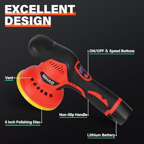NIHAO - 5 Inch Cordless Car Buffer Polisher with 2PCS 12V 2000mAh Rechargeable Battery & Extra 15PCS Attachments, 8 Variable Speed Used for Car Detailing/Waxing