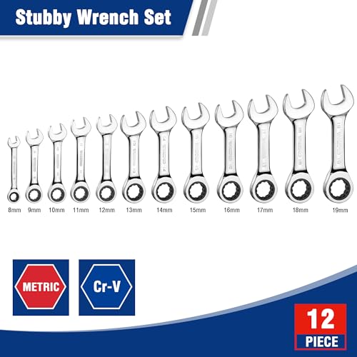 WORKPRO 12-piece Stubby Ratcheting Wrench Set, Metric 8-19mm, 72-Tooth, Cr-V Steel, Small Ratchet Combination Wrenches Set with Premium Storage Case