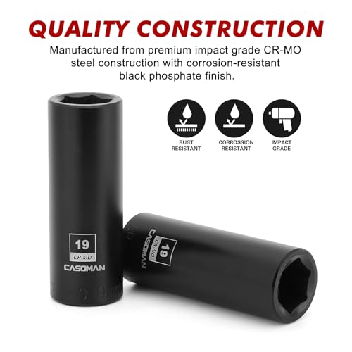 CASOMAN 2PCS 1/2-Inch Drive Deep Impact Socket-19mm, 6-Point, Metric, CR-MO - size: 19 mm, style: 6-Point Socket