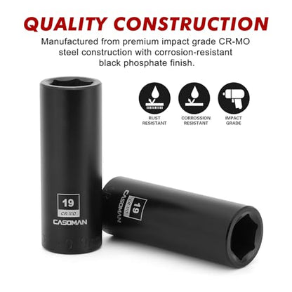 CASOMAN 2PCS 1/2-Inch Drive Deep Impact Socket-19mm, 6-Point, Metric, CR-MO - size: 19 mm, style: 6-Point Socket