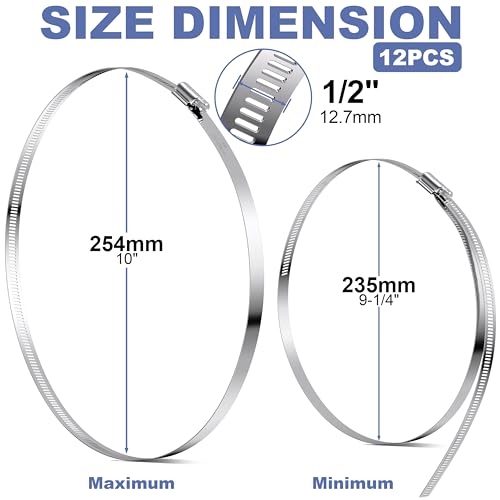 12Pack 10 inch Hose Clamps,Stainless Steel Large Hose Clamp Adjustable from 9-1/4"-10"/235-254mm,Metal Worm Gear Duct Clamp for Dryer Vent Hose,Fuel Line,Plumbing,Automotive,Exhaust,Radiator,Garden - size: 10 inch (9-1/4" - 10")