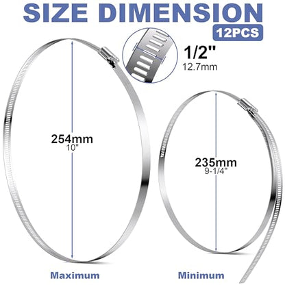 12Pack 10 inch Hose Clamps,Stainless Steel Large Hose Clamp Adjustable from 9-1/4"-10"/235-254mm,Metal Worm Gear Duct Clamp for Dryer Vent Hose,Fuel Line,Plumbing,Automotive,Exhaust,Radiator,Garden - size: 10 inch (9-1/4" - 10")