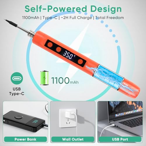 Cordless Soldering Iron Kit, 1100mAh Rechargeable USB-C Soldering Pen with LCD Screen, Portable Battery Powered Solder Iron for Electronics Repair, DIY Projects