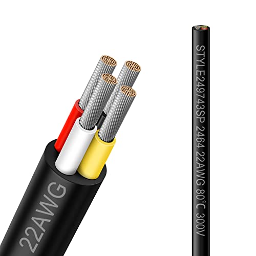 22 Gauge 4 Conductor Electrical Wire, 16.5FT 22AWG Black PVC Stranded Tinned Copper 4 Wire Cable, 22/4 Cord Extension Cable for LED Lamp Lighting, Automotive, Speaker, Audio, Power etc. - size: 16.5 FT, style: 22 AWG-4C